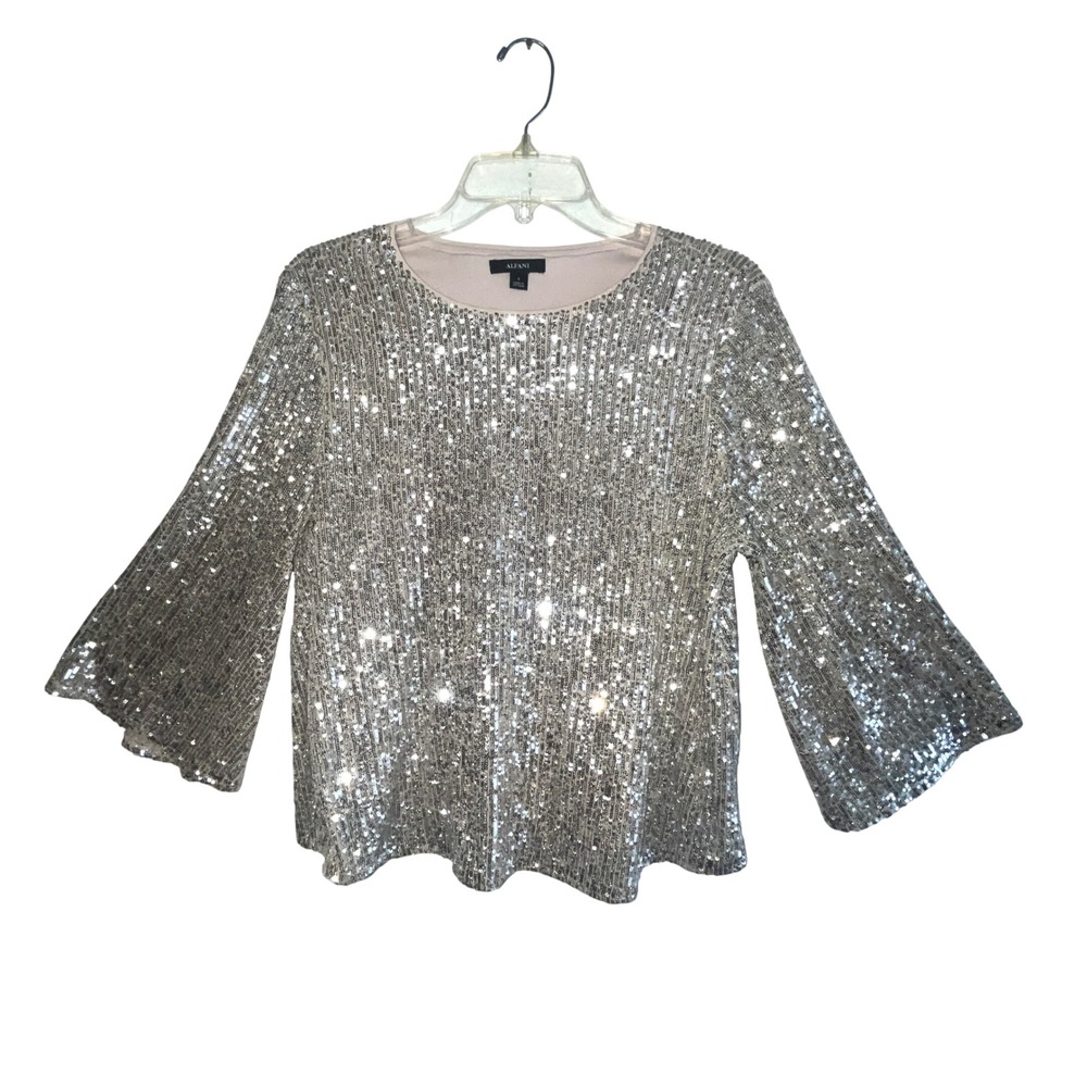 Alfani Womens Silver Sequin Bell Sleeve Blouse‎ Top Size Small Holiday Party